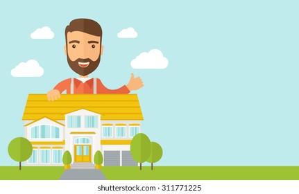 A caucasian happy for the approval of his house structure plan. Vector flat design illustration. Horizontal layout with text sapce in right side.
