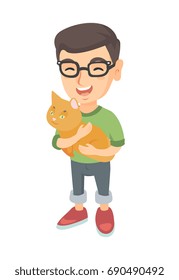 Caucasian happy boy in glasses holding a cat. Full length of cheerful little boy with a cat in his hands. Vector sketch cartoon illustration isolated on white background.