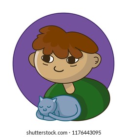 Caucasian happy boy holding a cat. portrait