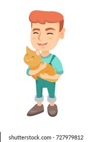 Caucasian happy boy holding a cat. Full length of cheerful little boy with a cat in his hands. Vector sketch cartoon illustration isolated on white background.