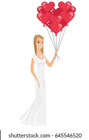 Caucasian happy bride with bunch of heart-shaped red balloons. Full length of young bride in wedding dress posing with bunch of balloons. Vector flat design illustration isolated on white background.