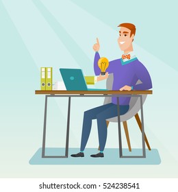 Caucasian happy businessman working on his laptop with business idea bulb. Cheerful businessman having business idea. Successful business idea concept. Vector flat design illustration. Square layout.