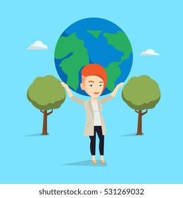 Caucasian Happy Businesswoman Holding Big Earth Globe Over Her Head. Young Business Woman Taking Part In Global Business. Concept Of Global Business. Vector Flat Design Illustration. Square Layout.