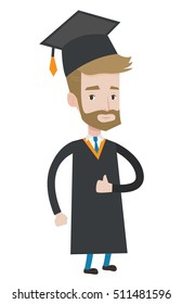 Caucasian happy graduate in cloak and graduation cap. Hipster graduate with the beard giving thumb up. Joyful graduate celebrating. Vector flat design illustration isolated on white background.