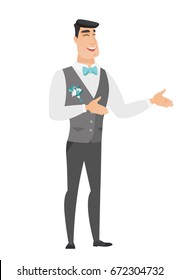 Caucasian happy groom gesturing. Full length of cheerful groom in a wedding suit gesturing with his hands. Groom laughing and gesturing. Vector flat design illustration isolated on white background.