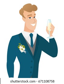 Caucasian happy groom holding a glass of champagne. Young delighted groom saying a toast with a glass of champagne in hand. Vector flat design illustration isolated on white background.