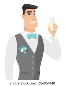 Caucasian happy groom holding a glass of champagne. Young delighted groom saying a toast with a glass of champagne in hand. Vector flat design illustration isolated on white background.