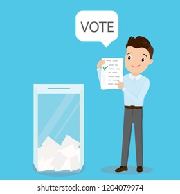 Caucasian happy guy with ballot list and speech bubble with vote text,glass ballot box,elections concept,flat vector illustration