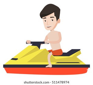 Caucasian happy man sitting on a water scooter. Young smiling man riding on a water scooter. Excited man training on a water scooter. Vector flat design illustration isolated on white background.