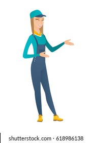 Caucasian happy mechanic gesturing. Full length of cheerful mechanic gesturing with her hands. Young mechanic laughing and gesturing. Vector flat design illustration isolated on white background.