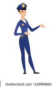Caucasian happy policewoman gesturing. Full length of cheerful policewoman gesturing with her hands. Policewoman laughing and gesturing. Vector flat design illustration isolated on white background.