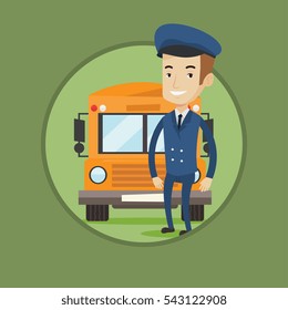 Caucasian happy school driver standing in front of yellow bus. Smiling school bus driver in uniform. Cheerful school bus driver. Vector flat design illustration in the circle isolated on background.