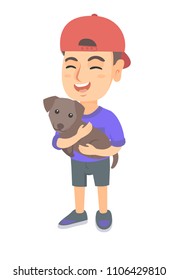Caucasian happy smiling boy in a cap holding a small dog. Full length of cheerful little boy with a dog in his hands. Vector sketch cartoon illustration isolated on white background.