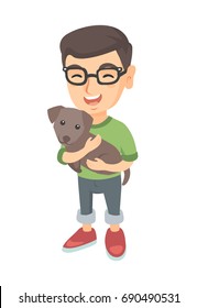 Caucasian happy smiling boy in glasses holding a small dog. Full length of cheerful little boy with a dog in his hands. Vector sketch cartoon illustration isolated on white background.