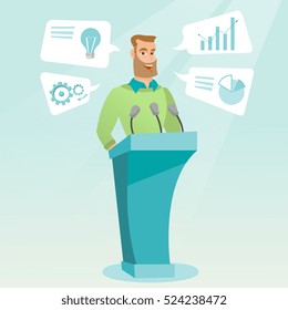 Caucasian happy speaker giving speech at podium with microphones at business conference. Smilig speaker giving a speech at podium at business seminar. Vector flat design illustration. Square layout.