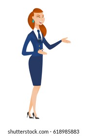 Caucasian happy stewardess gesturing. Full length of cheerful stewardess gesturing with her hands. Stewardess laughing and gesturing. Vector flat design illustration isolated on white background.