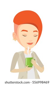 Caucasian happy woman drinking hot flavored coffee. Woman holding cup of coffee with steam. Woman with her eyes closed enjoying coffee. Vector flat design illustration isolated on white background.