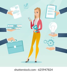Caucasian hard working business woman. Young hard working business woman surrounded by many hands that give her a lot of work. Concept of hard working. Vector flat design illustration. Square layout.