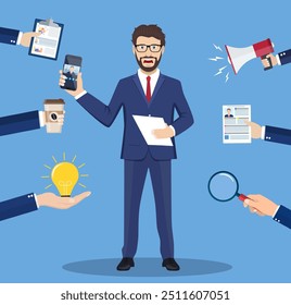 Caucasian hard working businessman. Businessman surrounded by many hands that give him a lot of work. Concept of hard working. Vector illustration in flat style