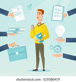 Caucasian hard working businessman. Businessman surrounded by many hands that give him a lot of work. Concept of hard working. Vector flat design illustration. Square layout.