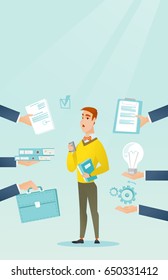 Caucasian hard working businessman. Young hard working businessman surrounded by many hands that give him a lot of work. Concept of hard working. Vector flat design illustration. Vertical layout.