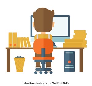 A Caucasian hardworking man facing his computer doing his paper works and seraching an idea from his computer for his report. A contemporary style. Vector flat design illustration with isolated white