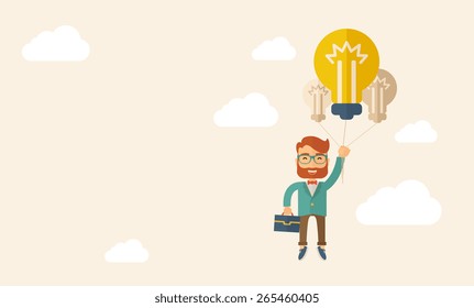 A Caucasian hipster with beard carrying a briefcase with bulb as balloon to take him fly high. Happy and success concept. A contemporary style with pastel palette, beige tinted background