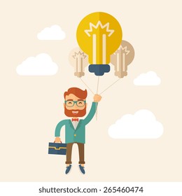 A Caucasian hipster with beard carrying a briefcase with bulb as balloon to take him fly high. Happy and success concept. A contemporary style with pastel palette, beige tinted background