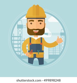 Caucasian hipster builder with beard giving thumb up on the background of construction site. A builder in helmet showing thumb up. Vector flat design illustration in the circle isolated on background.