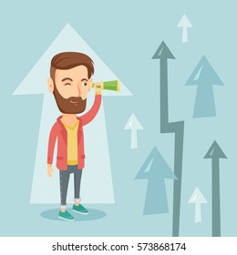 Caucasian hipster business man looking through spyglass on arrows going up symbolizing business opportunities. Business vision and opportunities concept. Vector flat design illustration. Square layout