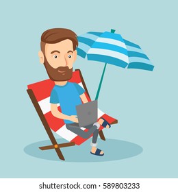 Caucasian hipster business man working on the beach. Business man sitting in chaise lounge under beach umbrella. Business man using laptop on the beach. Vector flat design illustration. Square layout.