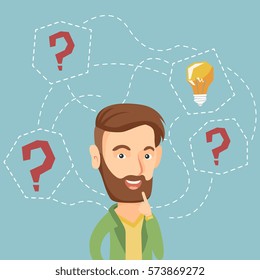 Caucasian hipster businessman having creative idea. Business man standing with question marks and idea light bulb above his head. Business idea concept. Vector flat design illustration. Square layout.