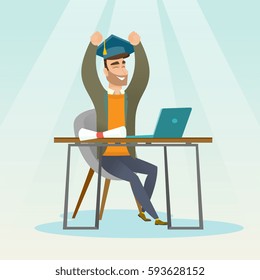 Caucasian hipster graduate sitting at the table with laptop and diploma. Graduate in graduation cap using laptop for education. Online graduation concept. Vector flat design illustration Square layout