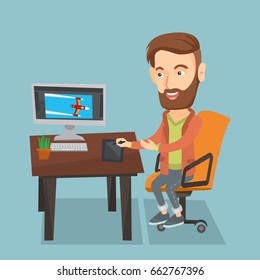 Caucasian hipster man with beard drawing on graphics tablet. Young graphic designer using a digital graphics tablet, computer and pen. Vector flat design illustration. Square layout.