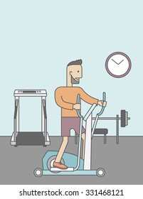 Ein kaukasischer Hipster, der sich auf einem elliptischen Gerät im Fitnessraum ausübt. Vektorliniendesign-Illustration. Vertikales Layout mit Textbereich für einen Social-Media-Beitrag.
