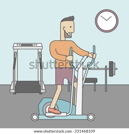 A caucasian hipster man with beard exercising on a elliptical machine in the gym. Vector line design illustration. Square layout.