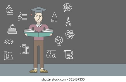 A caucasian hipster man with beard in graduation cap with an open book on grey chalk board background. Vector line design illustration. Horizontal layout with a text space for a social media post.