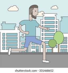 A caucasian hipster man with beard jogging on street. Vector line design illustration. Lifestyle concept. Square layout.