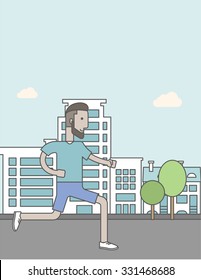 A caucasian hipster man with beard jogging on street. Vector line design illustration. Lifestyle concept. Vertical layout with a text space for a social media post.