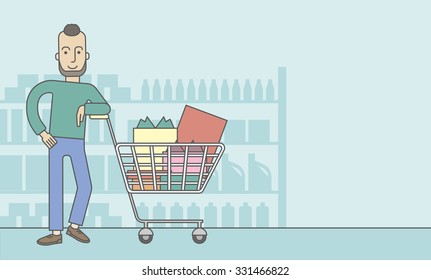 A caucasian hipster man with beard leaning on a supermarket cart full of goods. Vector line design illustration. Horizontal layout with a text space for a social media post.