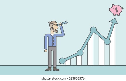 Un hombre hipster caucásico con barba mirando a través del telescopio en la orilla del cerdo parado en la parte superior del gráfico de crecimiento. Creciente concepto de negocios.  Ilustración de diseño de línea de vector. Diseño horizontal con un