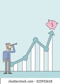 Un hombre hipster caucásico con barba mirando a través del telescopio en la orilla del cerdo parado en la parte superior del gráfico de crecimiento. Creciente concepto de negocios.  Ilustración de diseño de línea de vector. Diseño vertical con texto