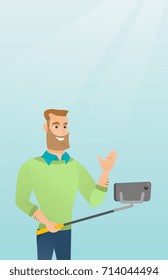 Caucasian hipster man with beard making selfie with a selfie-stick. Smiling man taking photo with a cellphone. Young man taking selfie and waving hand. Vector cartoon illustration. Vertical layout.