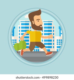 Caucasian hipster man with beard running. Young male runner jogging. Sportsman jogging on a city street. Lifestyle, sport concept. Vector flat design illustration in the circle isolated on background.