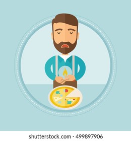 Caucasian hipster man with the beard suffering from heartburn. Upset young man suffering from heartburn caused by pizza. Vector flat design illustration in the circle isolated on background.