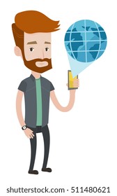 Caucasian hipster man with beard using global network. Man holding a smartphone with a virtual globe model. Global communication concept. Vector flat design illustration isolated on white background.