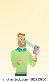 Caucasian hipster man with beard using smart mobile phone with retina scanner. Young happy man using iris scanner to unlock his mobile phone. Vector cartoon illustration. Vertical layout.