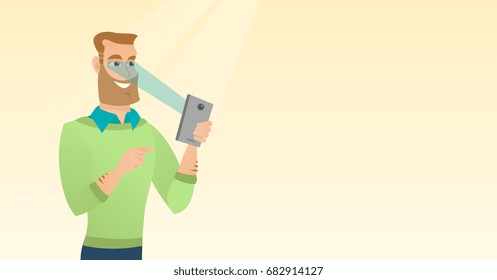 Hombre hipster caucásico con barba usando teléfono móvil inteligente con escáner de retina. Joven hombre feliz usando un escáner de iris para desbloquear su teléfono móvil. Ilustración de dibujos animados. Diseño horizontal.