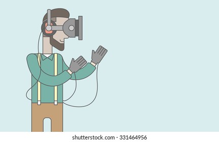 A caucasian hipster man with beard wearing a virtual reality headset. Vector line design illustration. Horizontal layout with a text space for a social media post.