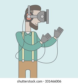 A caucasian hipster man with beard wearing a virtual reality headset. Vector line design illustration. Square layout.